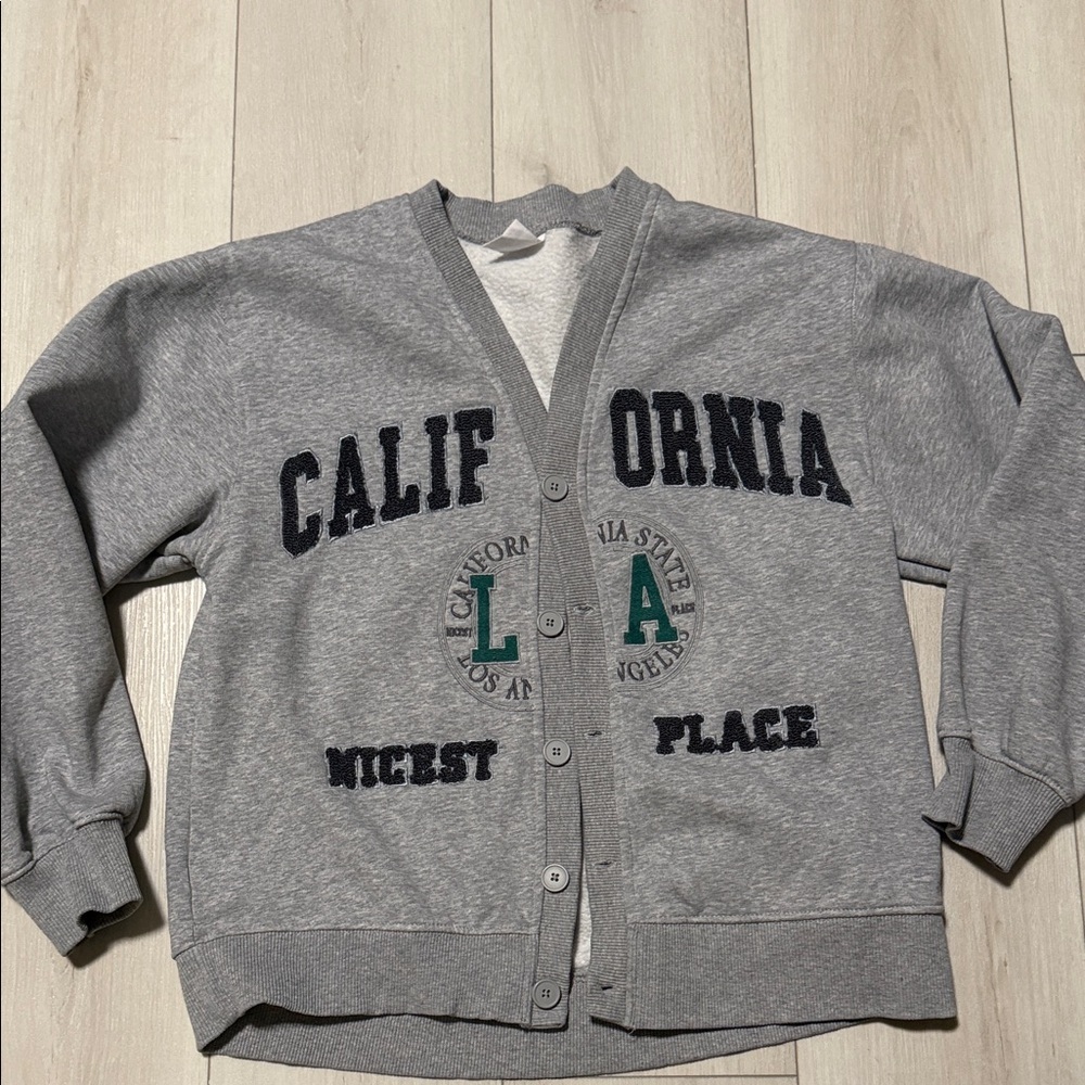 Zara Kids Long Sleeve Gray Button Up ‘California' Cardigan Style Sweatshirt